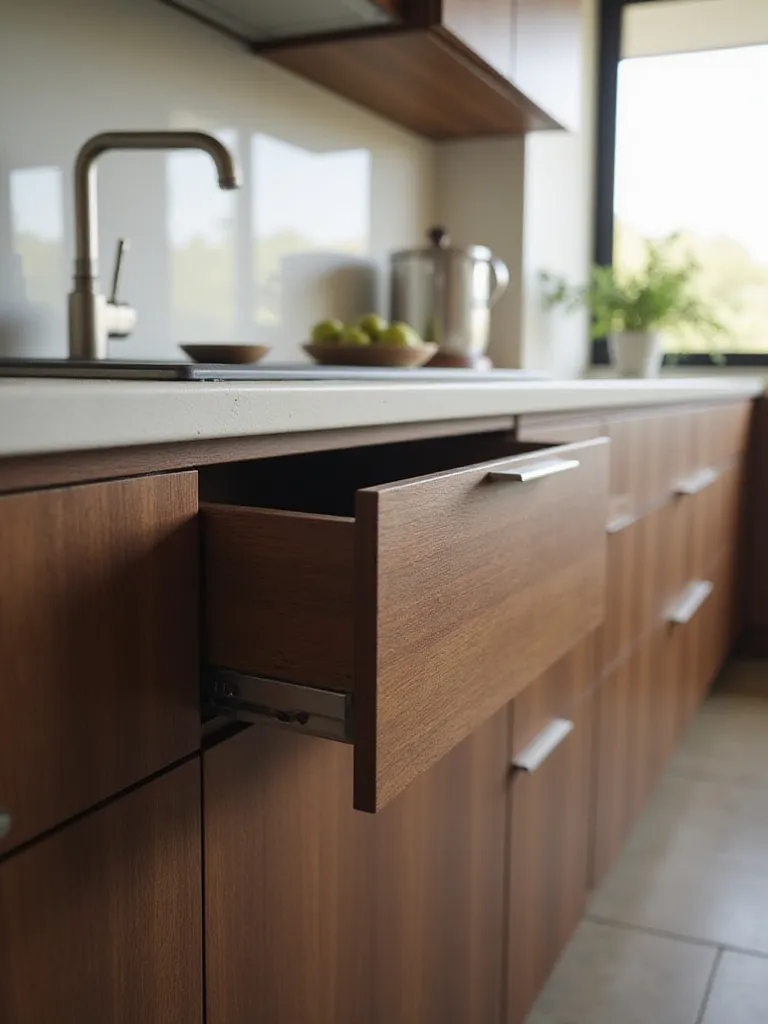 Soft-close kitchen cabinets in a modern kitchen design.