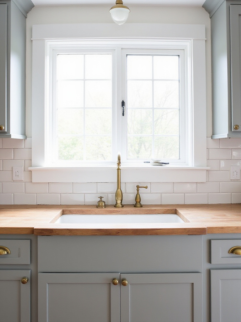 Farmhouse kitchen with soft gray shaker cabinets, butcher block countertops, and brass hardware.