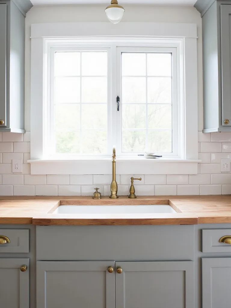 Farmhouse kitchen with soft gray shaker cabinets, butcher block countertops, and brass hardware.