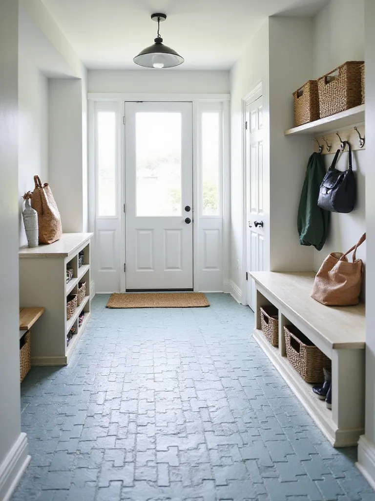Mudroom with gray and blue rubber tile flooring, offering a soft and durable surface for high-traffic use.