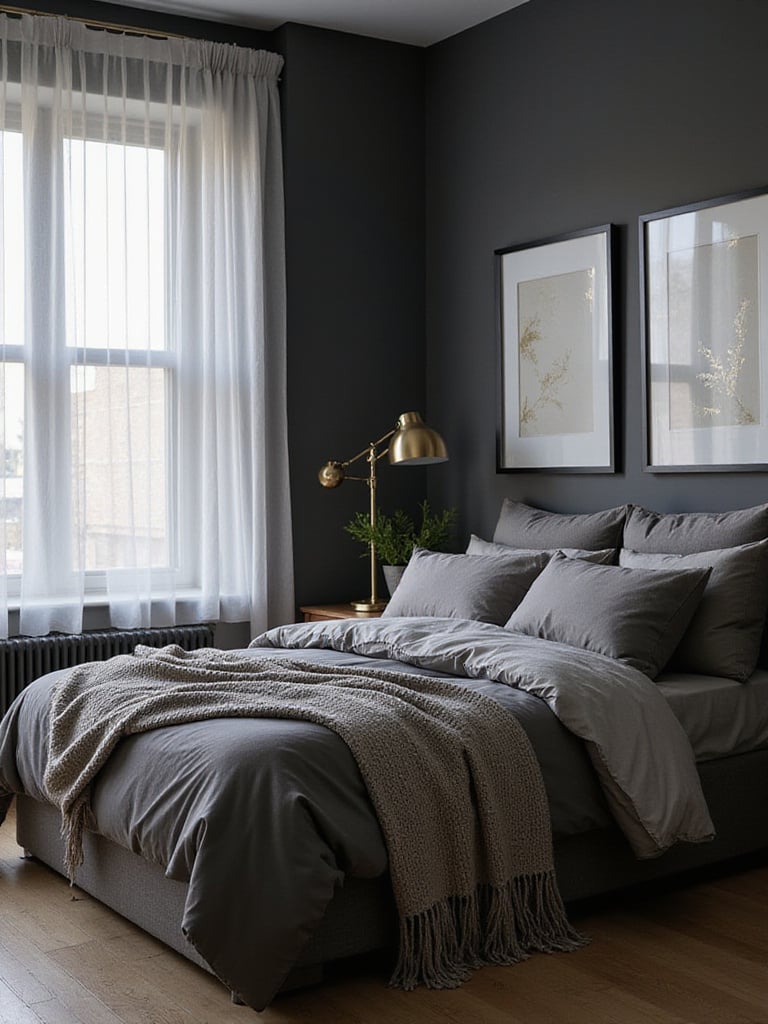 Sophisticated bedroom with charcoal grey walls, layered grey bedding, and gold accents.