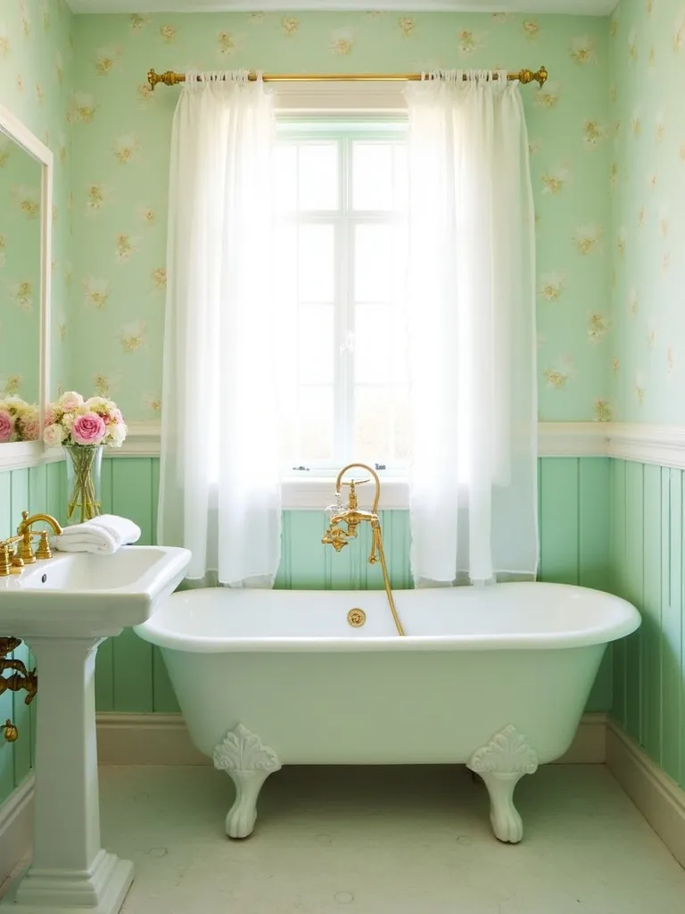 Pastel mint green floral vintage bathroom wallpaper