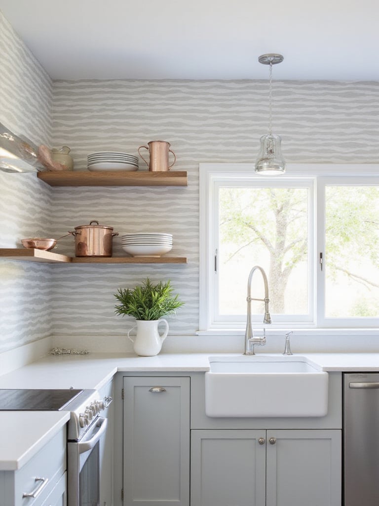 Grey and white striped wallpaper in a modern kitchen accent wall.
