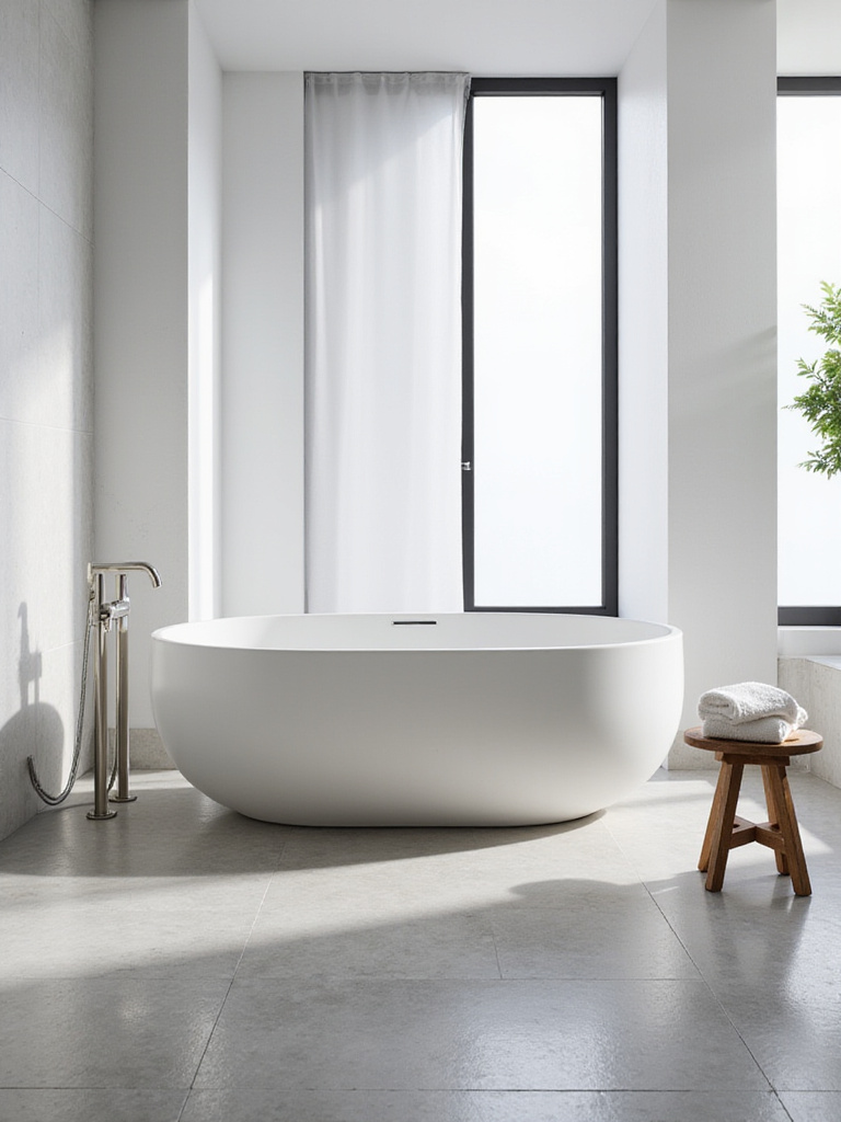 Modern luxury bathroom with spa-inspired freestanding bathtub and natural light
