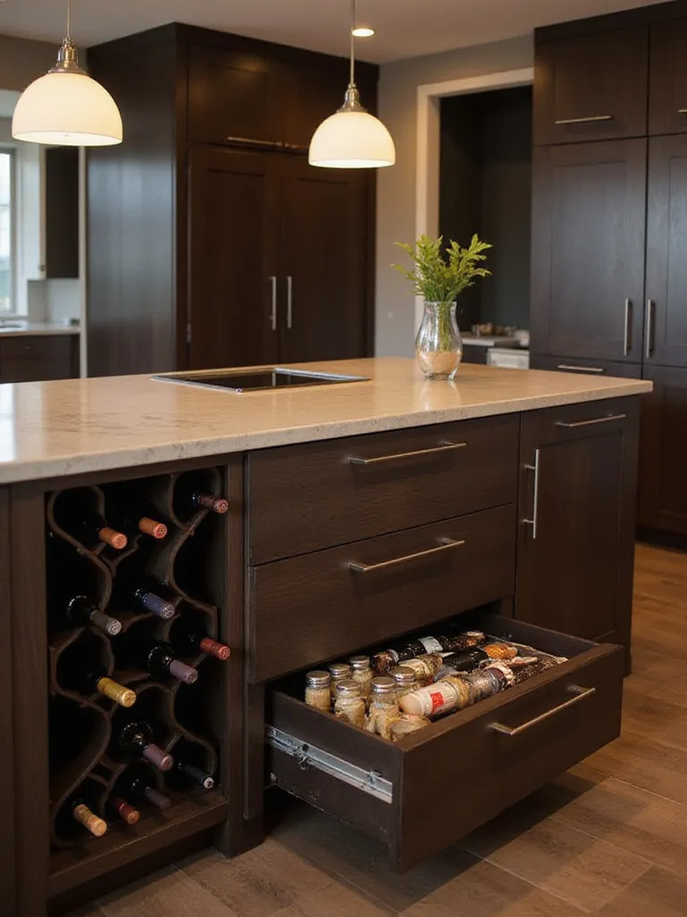 Modern kitchen island with built-in wine rack and organized spice drawer.