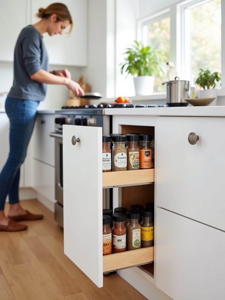 Kitchen island with pull-out spice rack for convenient cooking