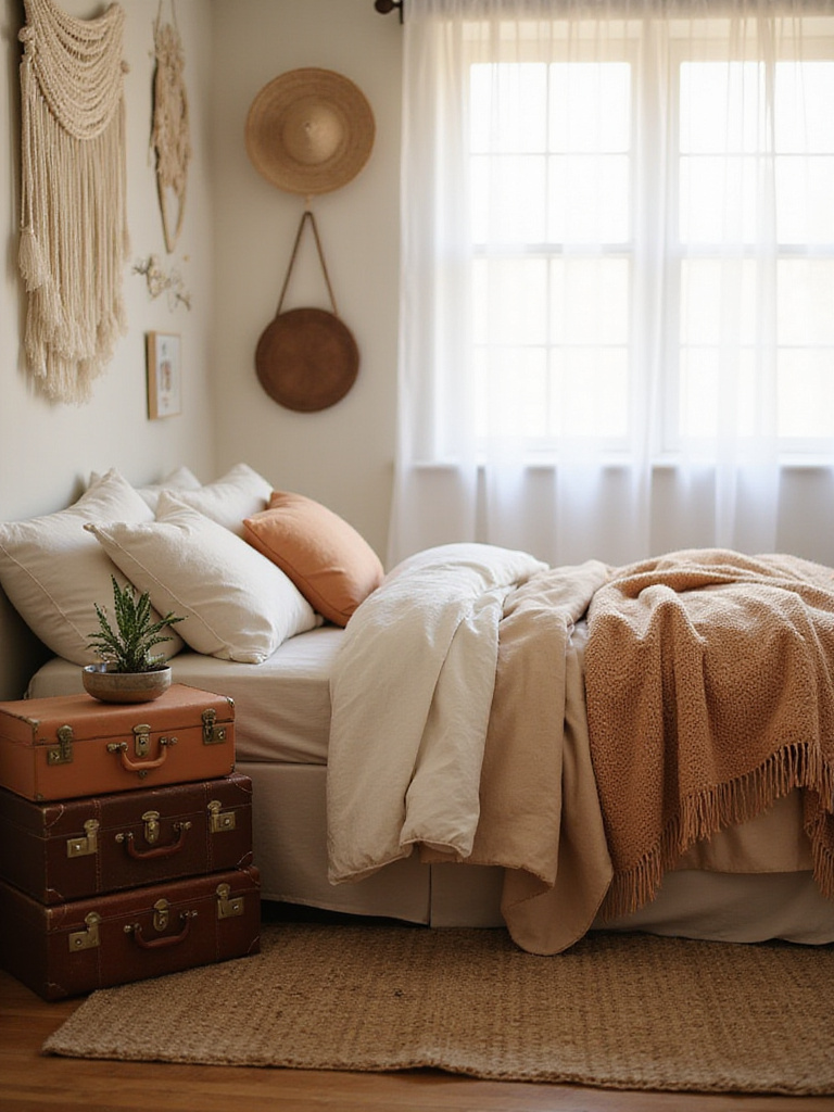 Boho bedroom with stacked vintage suitcases used as a nightstand