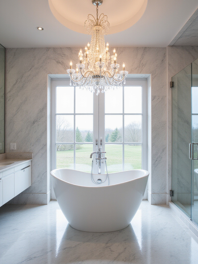 Luxurious modern bathroom with a crystal chandelier hanging above a freestanding soaking tub.