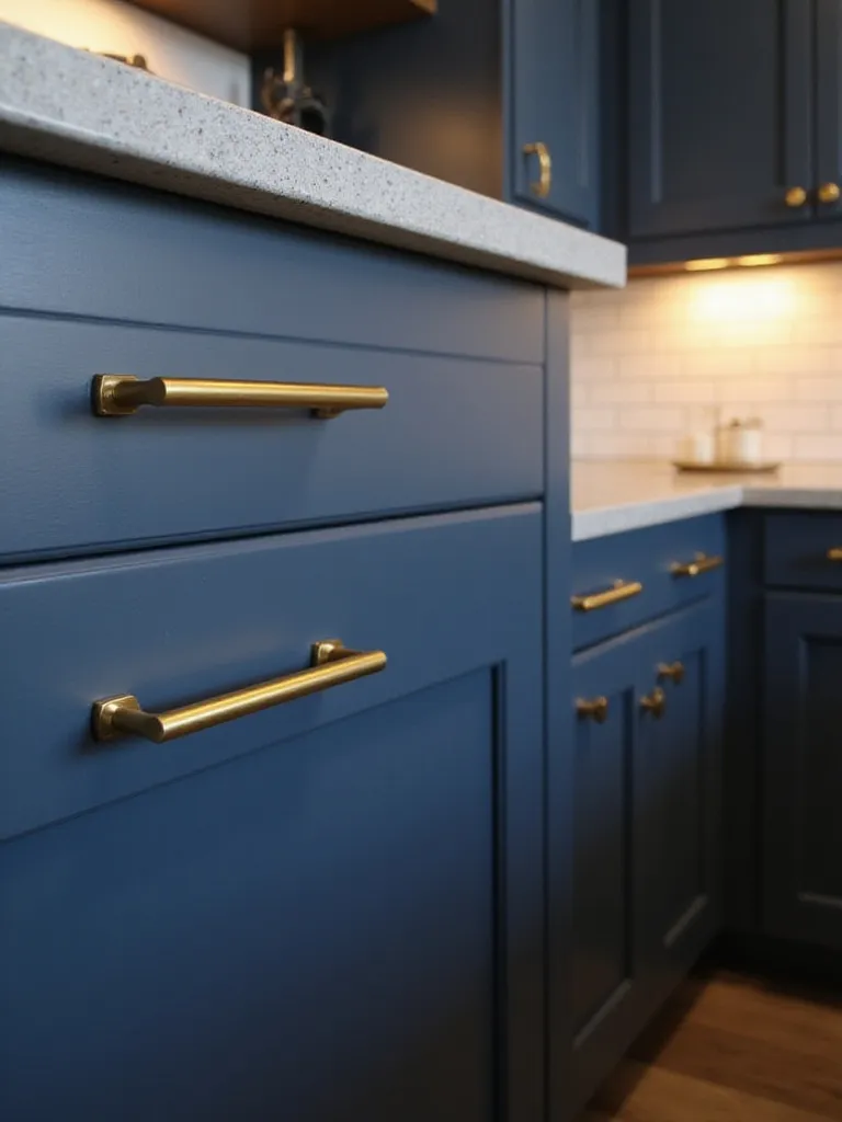 Modern navy blue kitchen cabinets with sleek gold bar pulls.