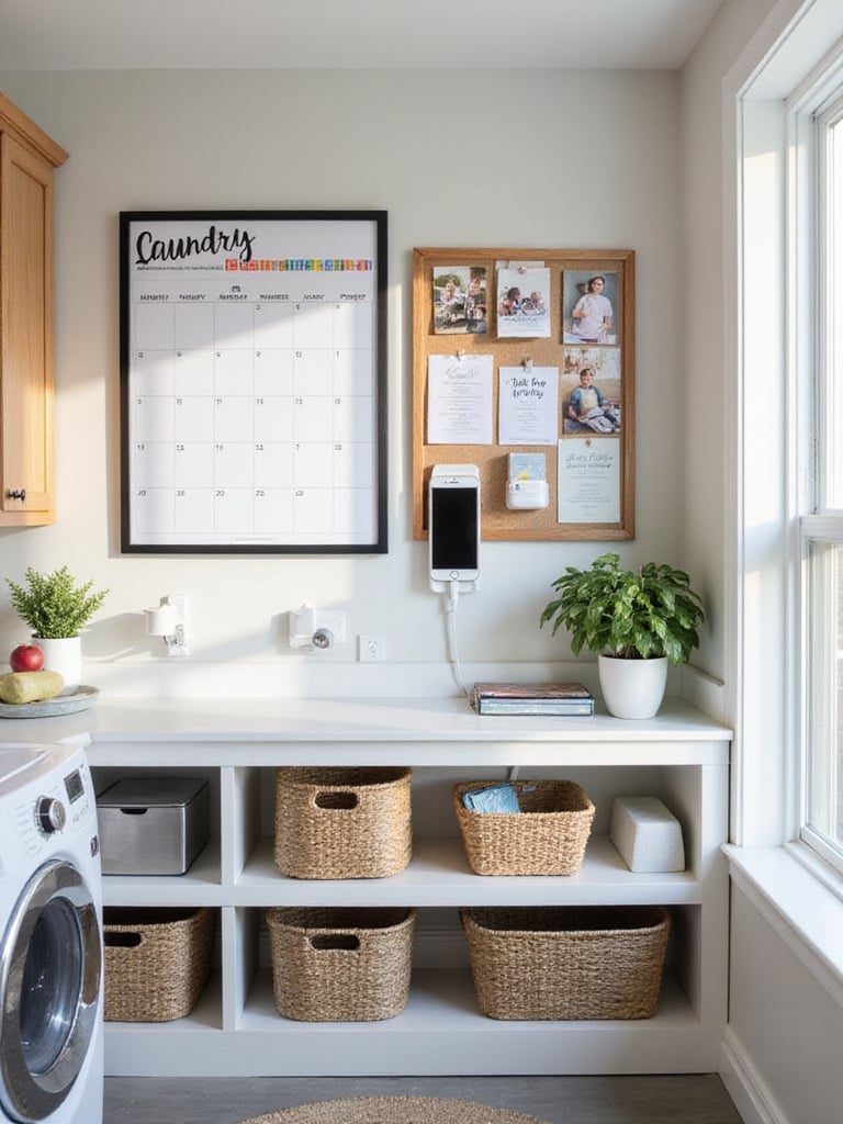 Modern laundry room with a family command center featuring a calendar, whiteboard, corkboard, and charging stations.