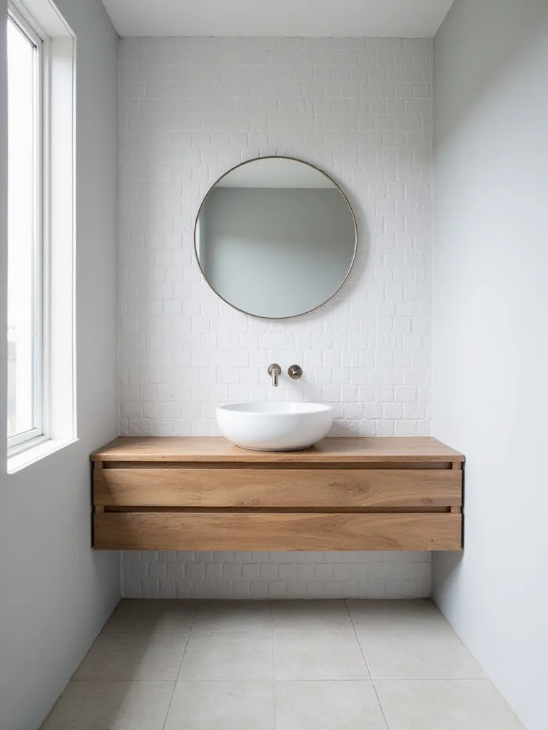 Small bathroom featuring vertically stacked subway tiles behind a floating vanity, creating the illusion of height.