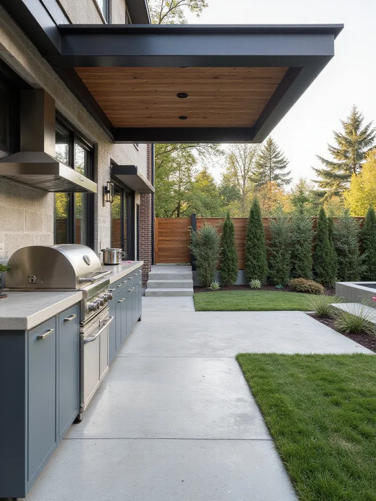 Modern outdoor kitchen with stainless steel appliances and concrete countertops