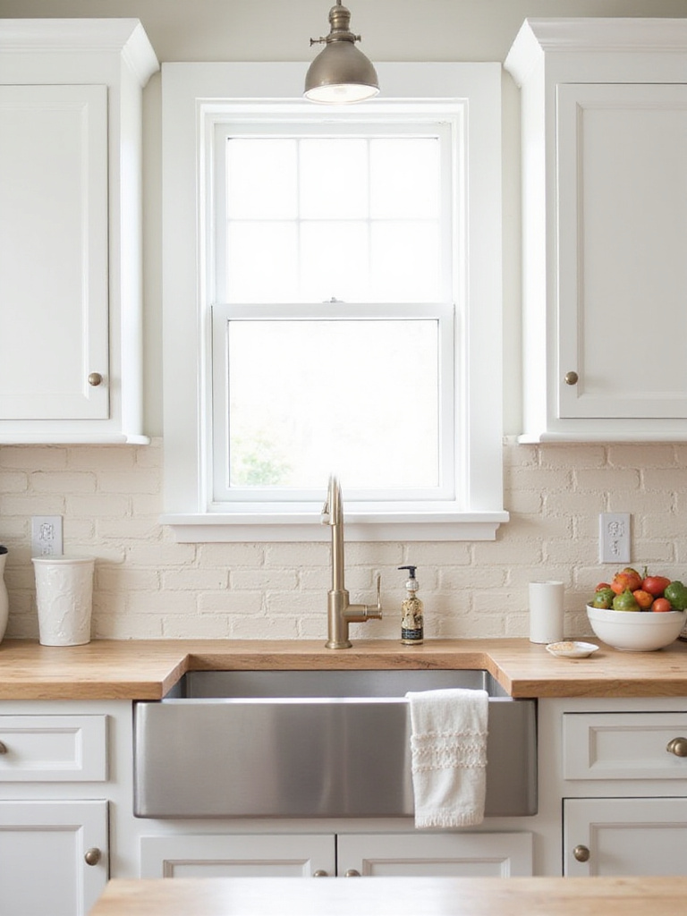 Farmhouse kitchen backsplash with textured, off-white subway tile