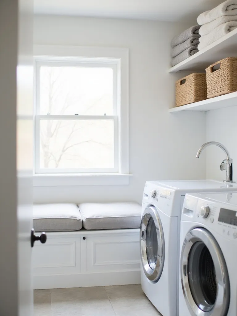 Laundry room with built-in bench seating and storage