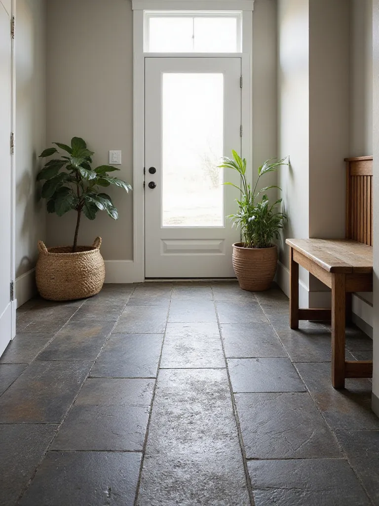 Mudroom flooring featuring dark gray textured porcelain tiles in a herringbone pattern for enhanced grip and safety.