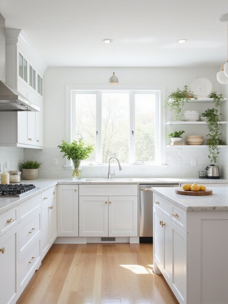 Bright white kitchen with marble countertops and stainless steel appliances