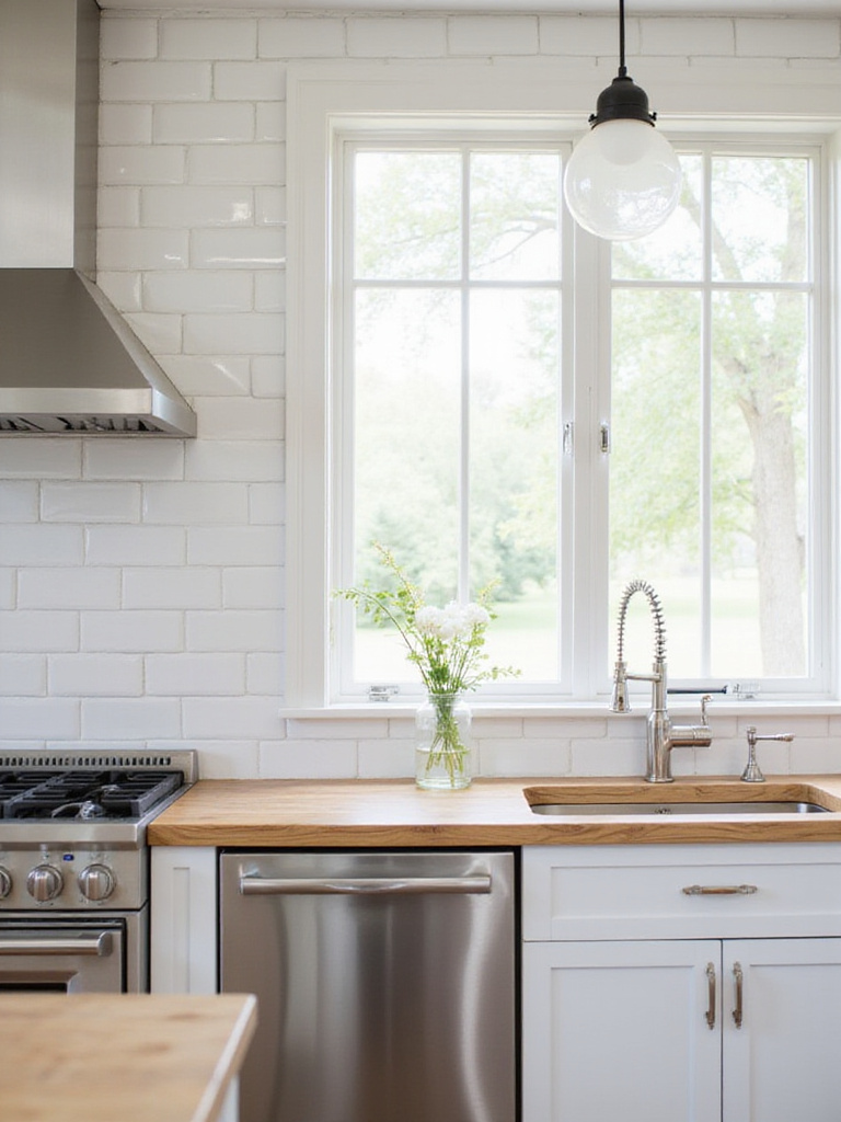 Farmhouse kitchen backsplash featuring classic white subway tile with light gray grout