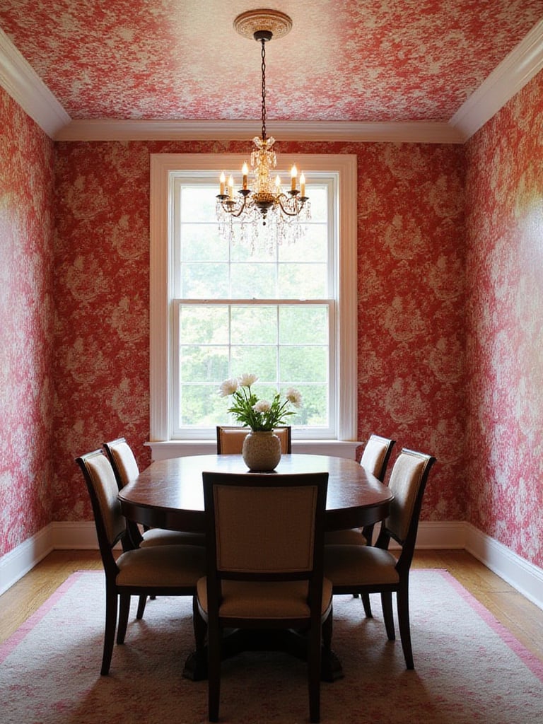 Dining room with red Toile de Jouy wallpaper and dark wood dining table