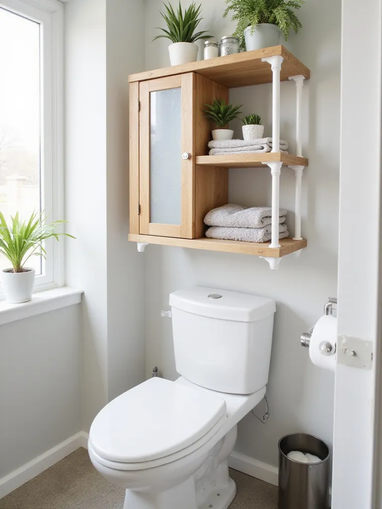 Over-the-toilet storage unit in a small modern bathroom, maximizing vertical space.