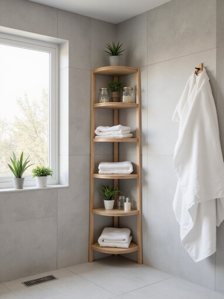 Small bathroom corner with multi-tiered light wood corner shelves holding towels and decorative items.