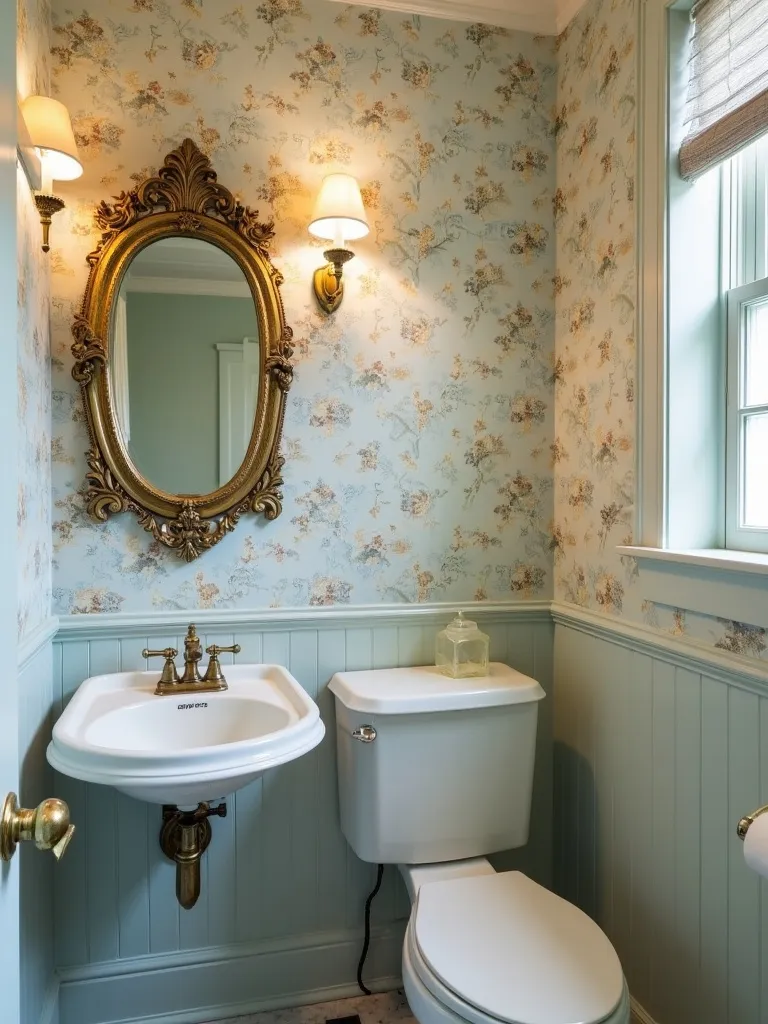 Elegant powder room featuring vintage floral wallpaper in blue and cream tones.