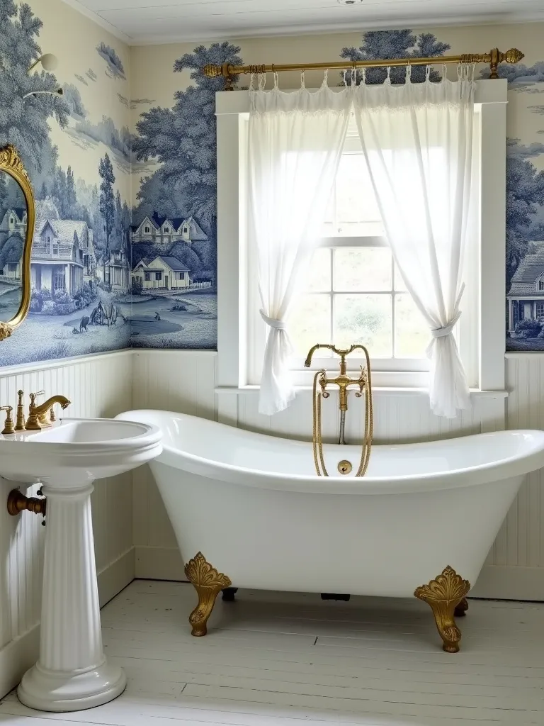 Vintage bathroom with blue and white toile wallpaper depicting a pastoral scene.