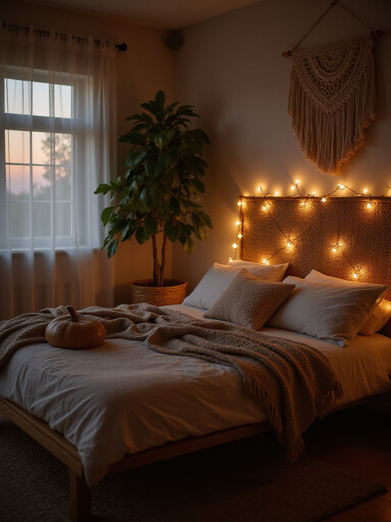 Boho bedroom with fairy lights draped across the headboard and walls, creating a magical ambiance
