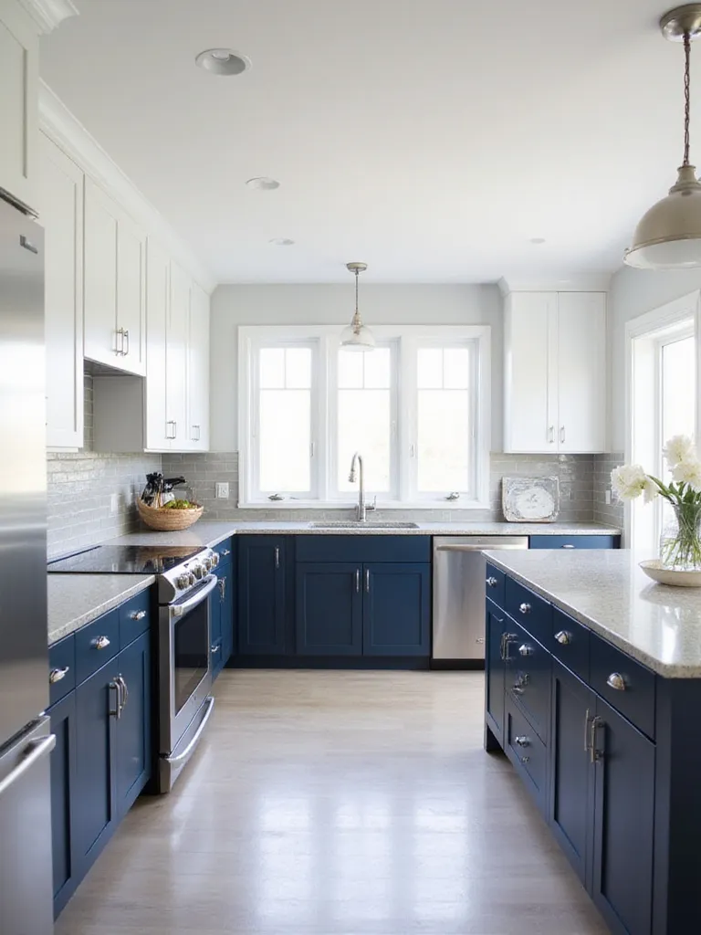 Modern kitchen with navy blue base cabinets and white upper cabinets, creating a two-tone effect.