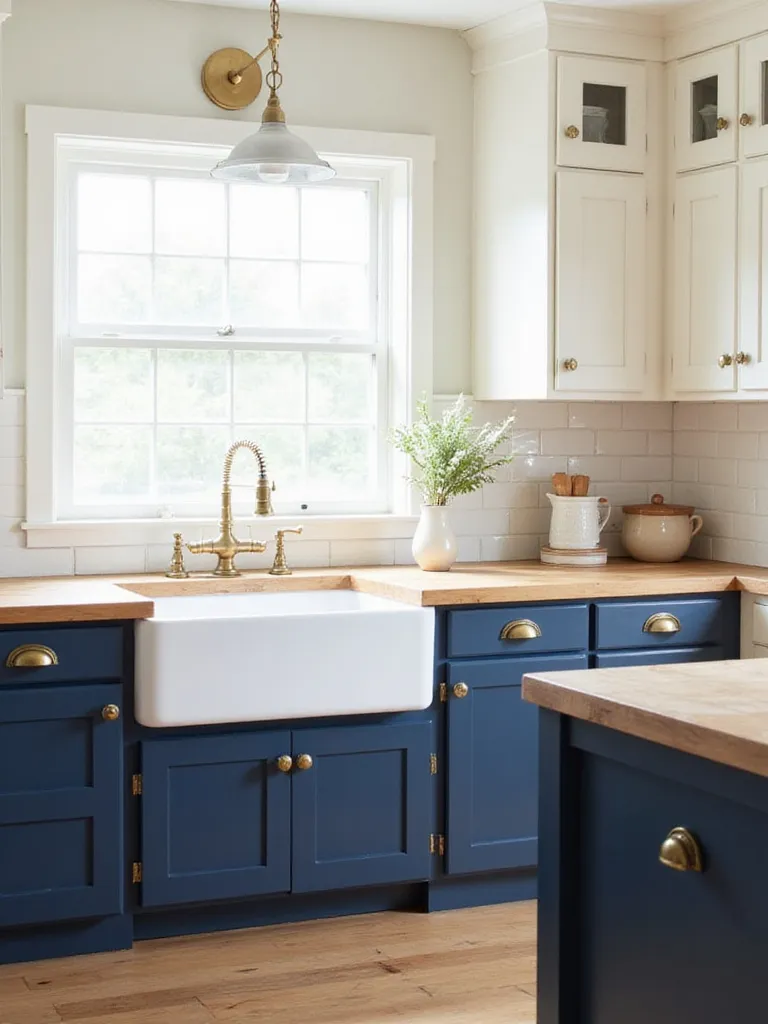 Farmhouse kitchen with navy blue lower cabinets and creamy white upper cabinets.