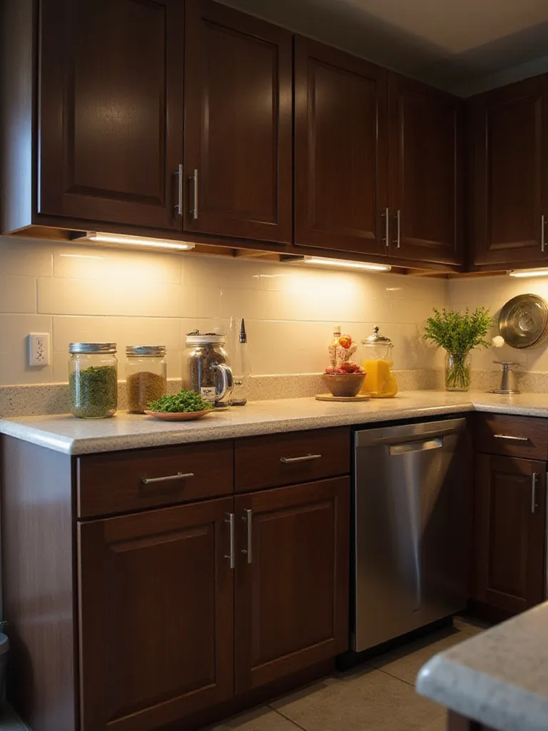 Modern kitchen with dark wood cabinets and bright under-cabinet LED lighting illuminating the countertop.