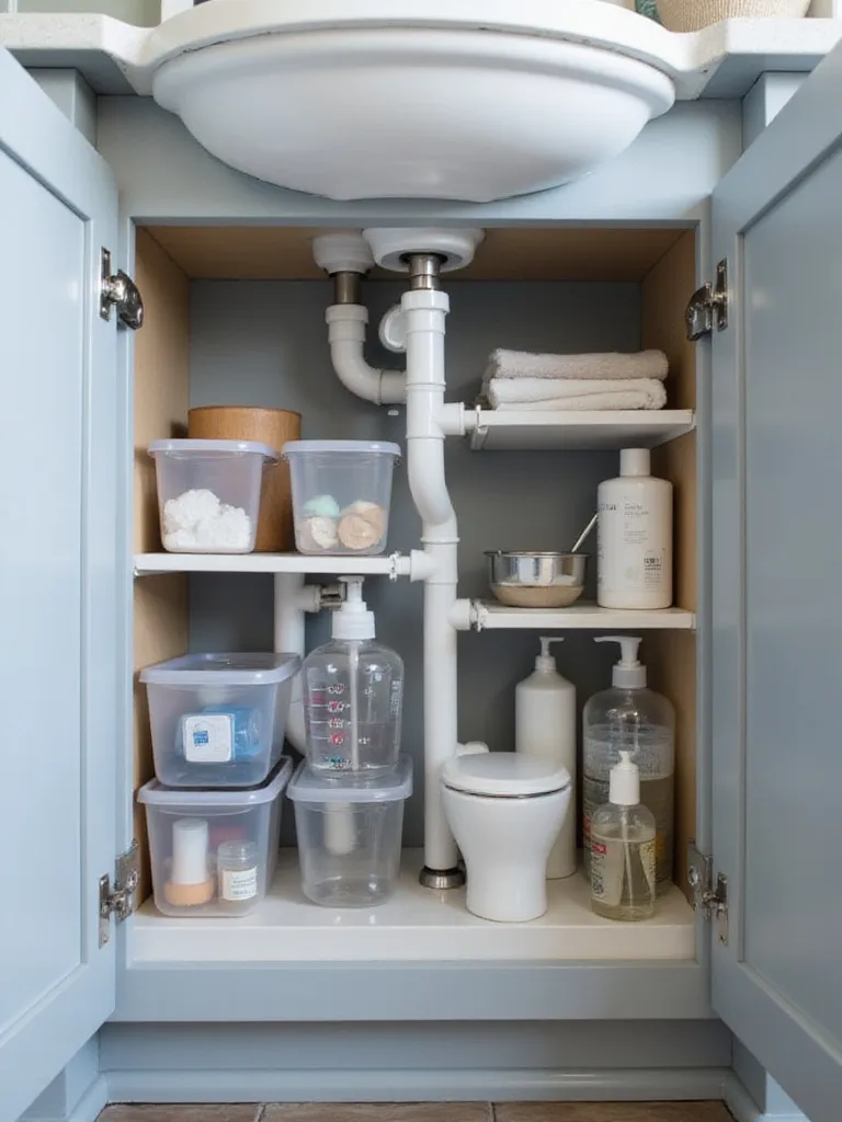 Organized under-sink bathroom cabinet with pull-out drawers and clear containers.