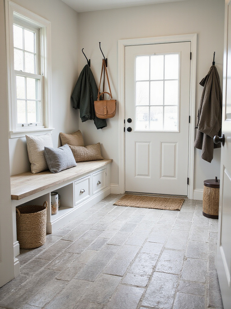 Light gray textured porcelain tile flooring in a modern farmhouse mudroom.