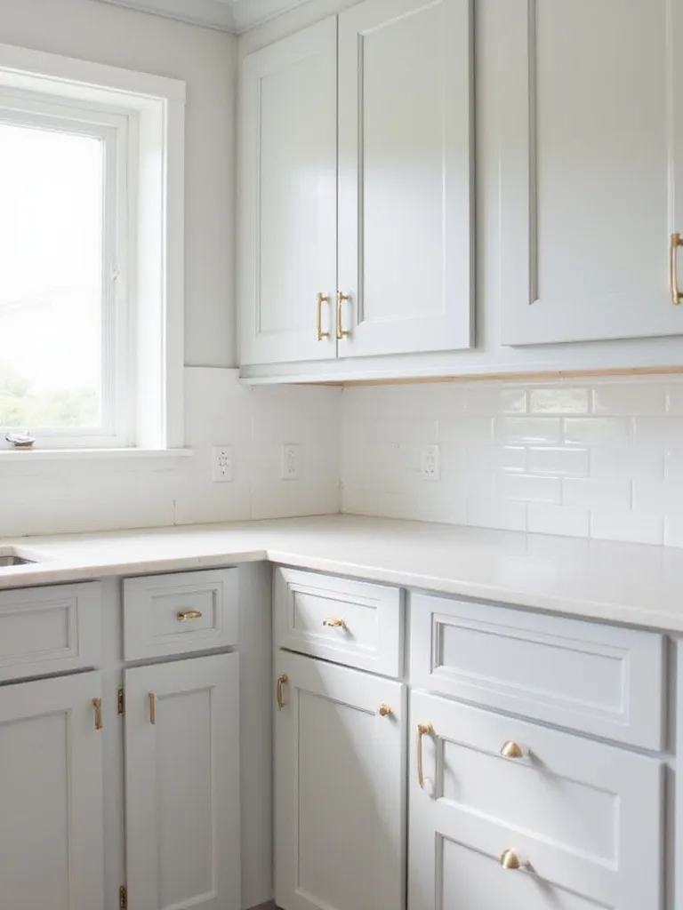 Brushed brass cabinet pulls on light gray shaker cabinets in a modern farmhouse kitchen.