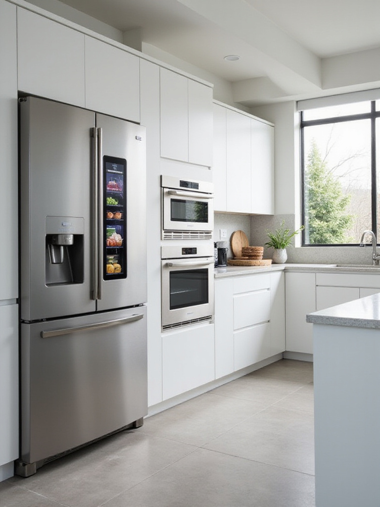 Modern kitchen with smart stainless steel appliances including a smart refrigerator and oven.