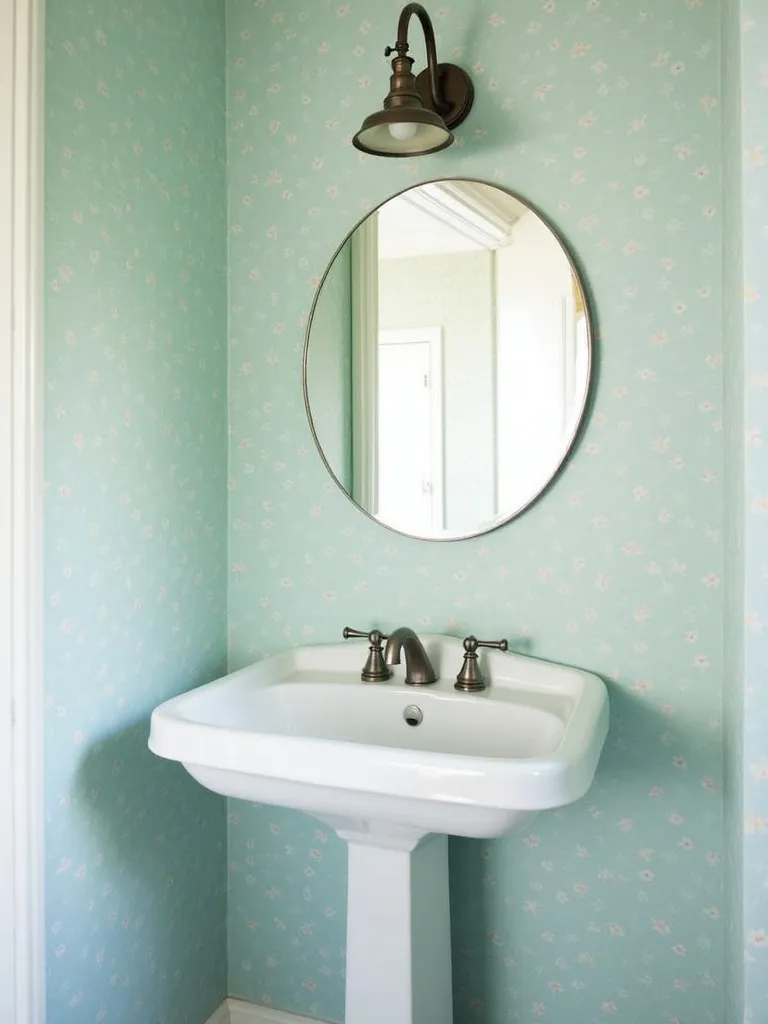 Small bathroom featuring vintage floral wallpaper in light blue.
