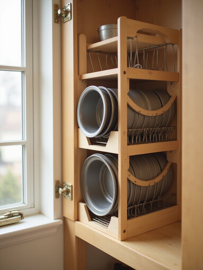 Organized kitchen cabinet with vertical baking sheet dividers holding cookie sheets, pizza pans, and muffin tins.