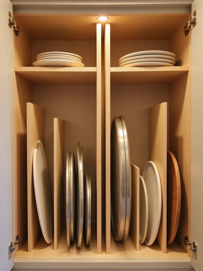 Kitchen cabinet with vertical dividers organizing baking sheets and cutting boards.