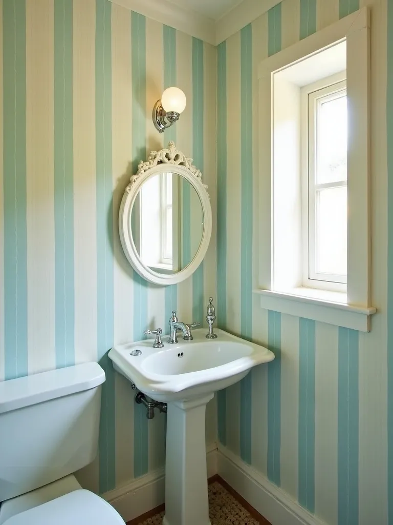 Vintage bathroom with vertical striped wallpaper, creating the illusion of a taller space.