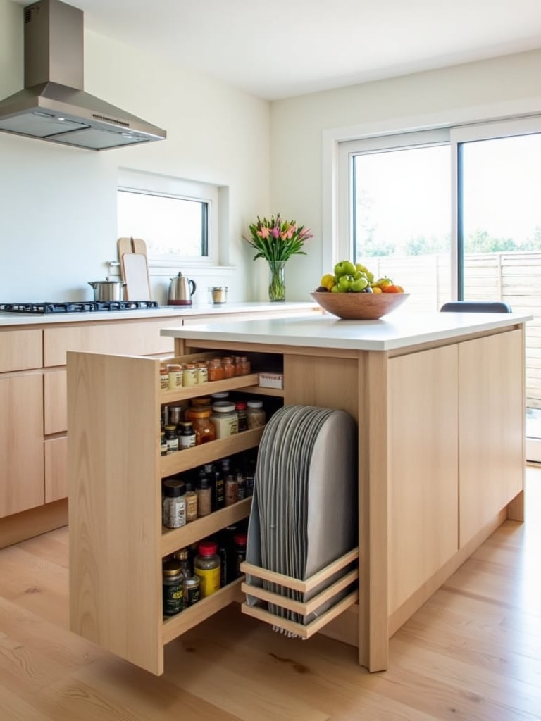 Kitchen island with tall, narrow pull-out storage maximizing vertical space.
