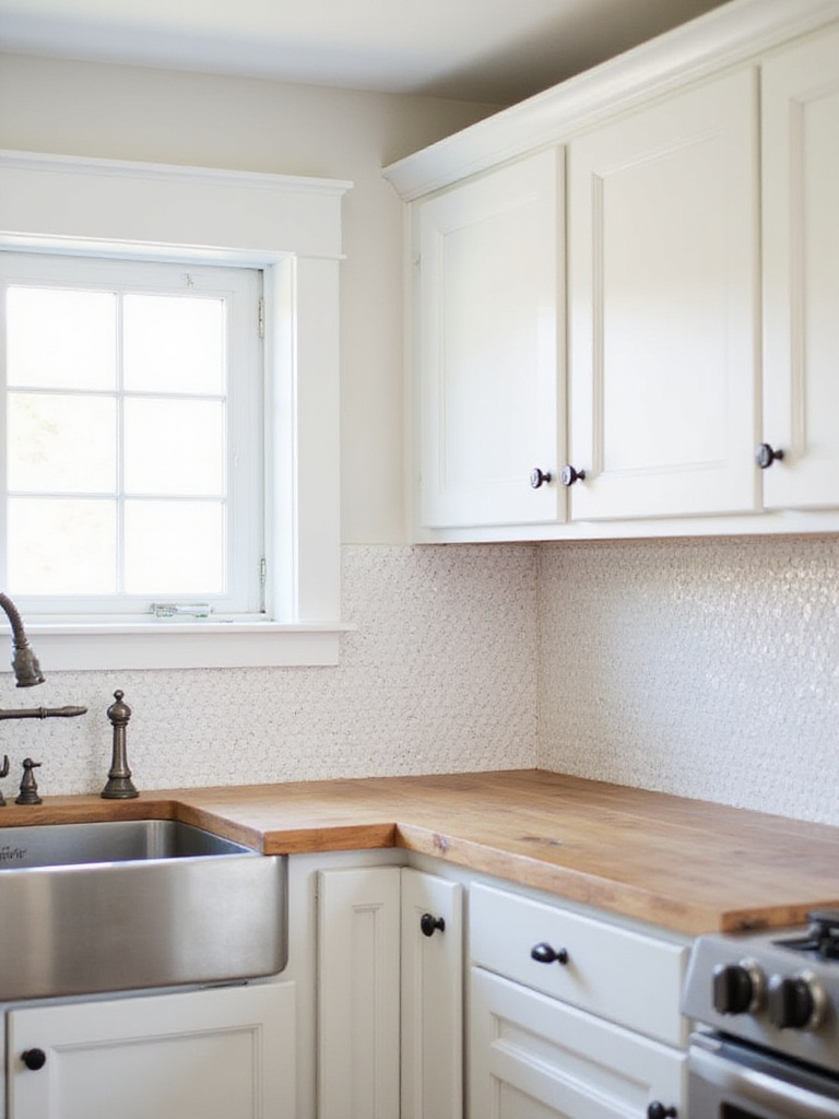 Farmhouse kitchen backsplash featuring white penny tile for a vintage look.