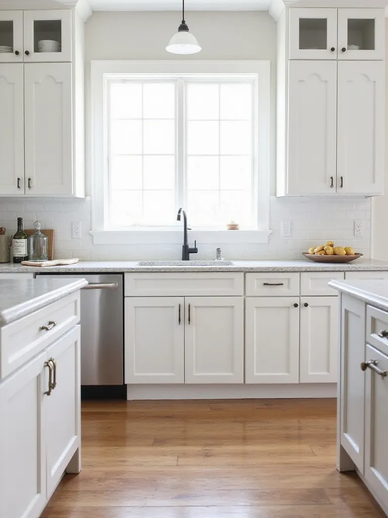 Farmhouse kitchen with white cabinets featuring beadboard wainscoting