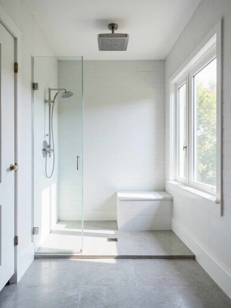 Luxurious modern bathroom featuring a walk-in shower with rainfall showerhead, linear drain, and frameless glass panel.