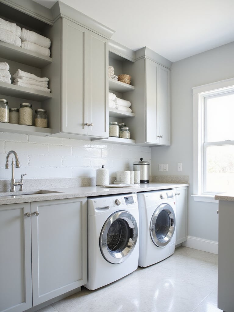 Laundry room with floor-to-ceiling cabinets and open shelving