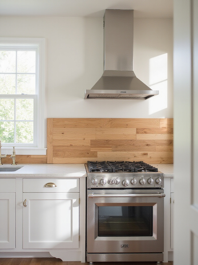Farmhouse kitchen with a warm maple butcher block backsplash behind a stainless steel stove.