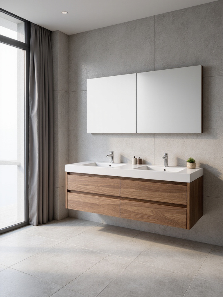 Modern luxury bathroom featuring warm wood vanity and light gray tiles.