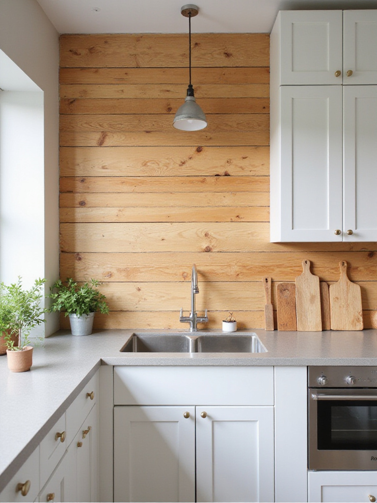 Farmhouse kitchen with warm wood plank backsplash