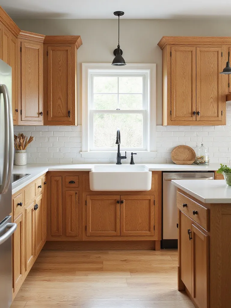 Farmhouse kitchen with warm oak wood cabinets, white countertops, and white subway tile backsplash.