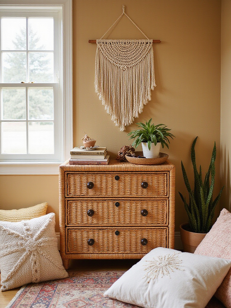 Boho bedroom featuring a wicker chest of drawers for natural storage.