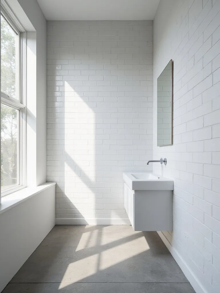 Small bathroom featuring horizontal white subway tiles to create a sense of width.