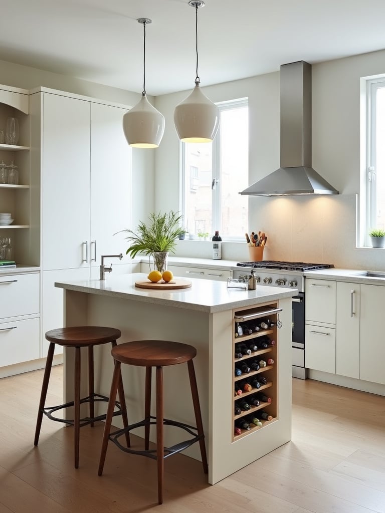 Small kitchen island designed as a mini bar with wine rack, sink, and seating.